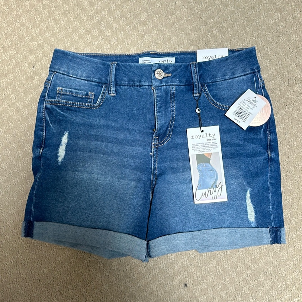 Royalty For Me size 6 curvy fit, denim shorts, high rise, brand new with tags